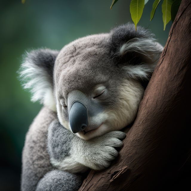 Sleeping koala resting comfortably on a tree branch in a serene forest. Ideal for wildlife conservation promotions, educational content about Australian animals, nature-themed calendars, or children's storybooks about animals. Conveys a peaceful, tranquil, and natural vibe.