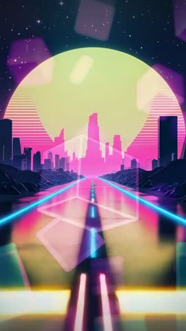 Neon Highway Loop - Vertical Retro-Futuristic Cyberpunk City Drive with Glowing Squares