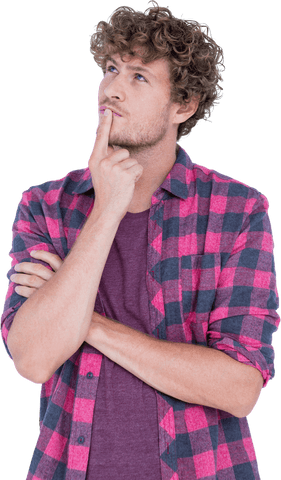 Contemplative Man in Plaid Shirt Thinking Transparently
