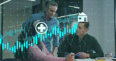 Analyzing Business Team Collaborating Over Candlestick Charts, Data Visualization, Real Estate Insig