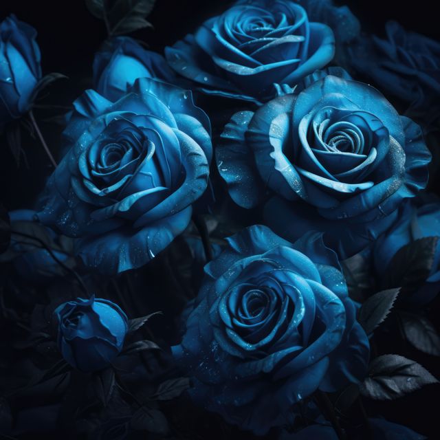 The close-up image features blue roses with dew drops glistening under moonlight, capturing an elegant and romantic essence. This imagery is ideal for use in romantic themes, nature-centric projects, floral advertising, greeting cards, and backgrounds for invitations with a sophisticated touch.