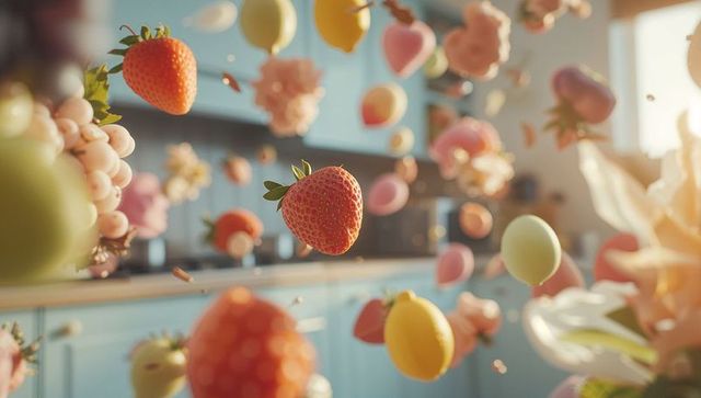Floating Fruits in Modern Kitchen Highlighting Vibrant Freshness
