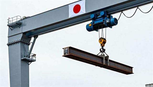 Gantry crane lifting rusty I-beam with blue hoist and Japanese flag at industrial shipyard