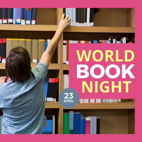 world book night celebration in library with pensive reader - Download Free Stock Templates Pikwizard.com