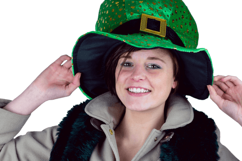Transparent background smiling woman wearing festive green hat celebrating