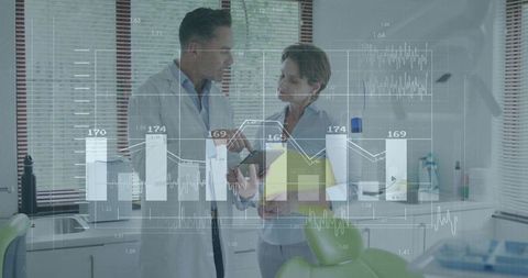 Dental consultation digital analytics overlay with charts, graphs, tablet collaboration