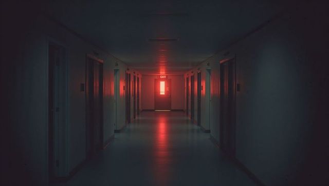 Dimly lit corridor with glow from illuminated exit sign