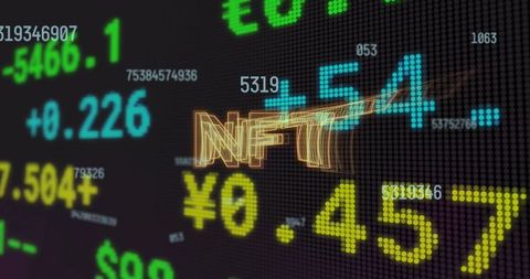 3d nft text on futuristic digital market ticker board