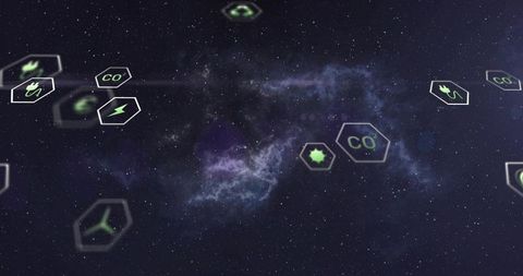 Floating hexagonal co2 badges drifting across cosmic nebula, glowing neon eco concept