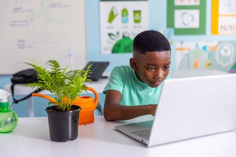 African american boy learning on laptop in eco classroom with plants and solar model