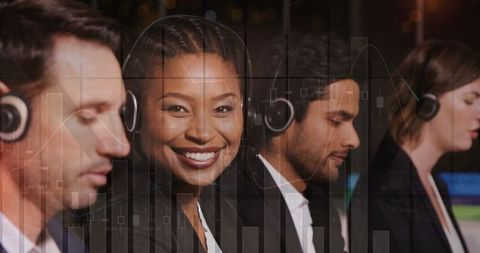 Diverse Customer Support Team Working with Financial Data Overlay