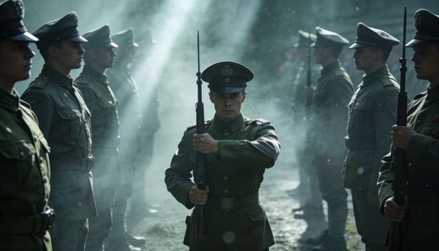 Soldier holding rifle with fixed bayonet leading silent drill through mist and sunbeams