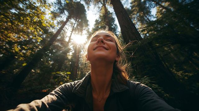 Woman basking in golden sunbeams under towering redwoods during peaceful forest hike