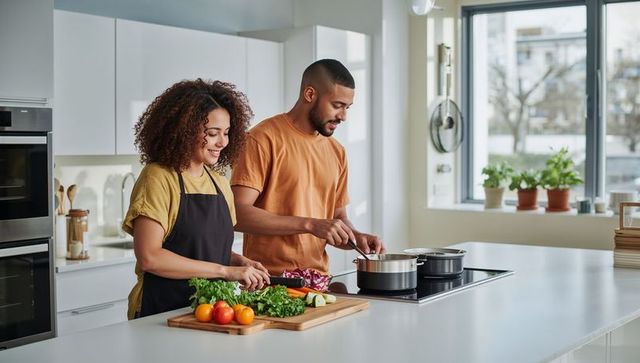 Couple cooking on modern kitchen island preparing fresh vegetables and stirring pots
