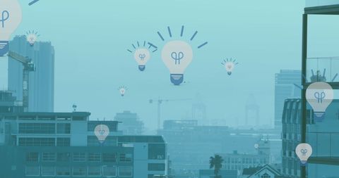 Futuristic Networking Over Urban Skyline with Lightbulb Icons