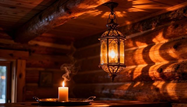 Ornate hanging lantern and smoldering candle casting warm amber glow in rustic log cabin