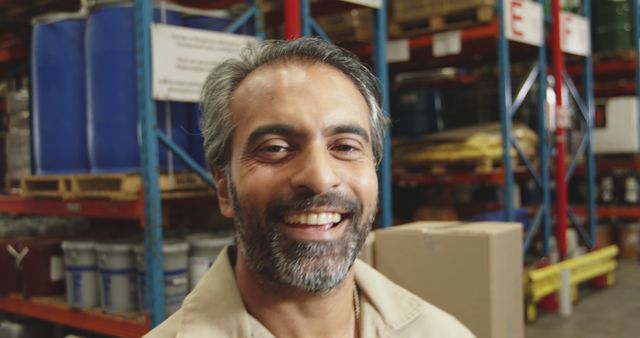 Smiling Warehouse Worker with Shelves of Inventory - Download Free Stock Images Pikwizard.com