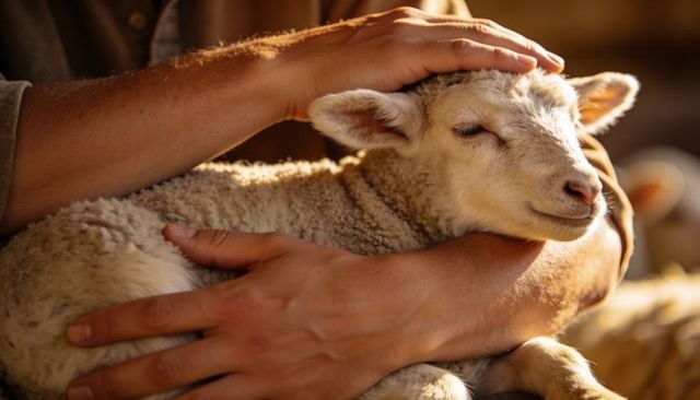 Shepherd cradling lamb in warm barn light conveying gentle care and rustic calm