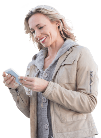 smiling woman in jacket using smartphone on transparent background - Download Free Stock Videos Pikwizard.com