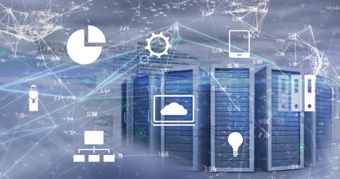 Digital Business Icons Overlapping Server Cabinets in Data Center