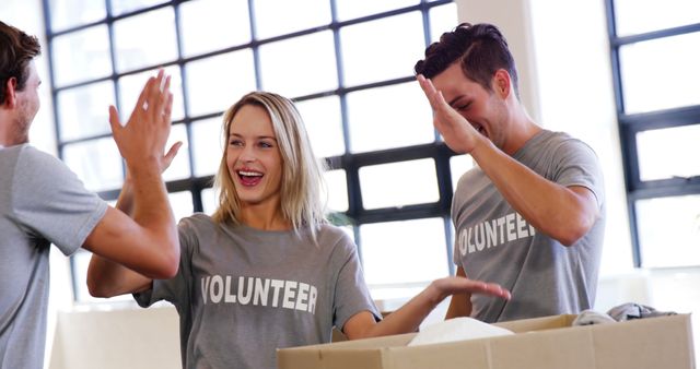 Young Volunteers Celebrating Success with High Fives in Community Center - Download Free Stock Images Pikwizard.com