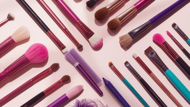 Vibrant makeup brushes arranging on pastel pink surface for beauty product styling