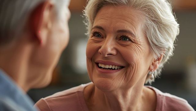 Smiling senior woman sharing warm conversation with friend at home, closeup portrait