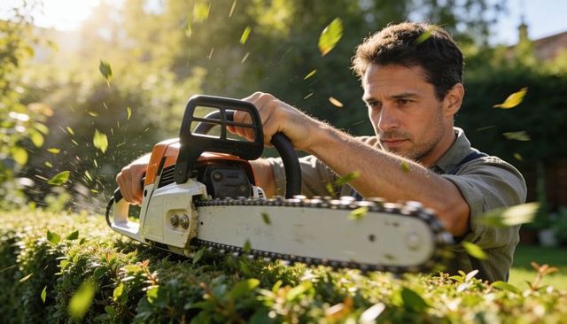 Man trimming garden hedge with chainsaw trimmer backyard landscaping at sunset
