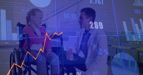 Physician Consults with Child in Wheelchair Amid Medical Data Graphics