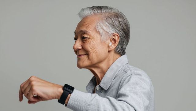 Senior asian woman checking smartwatch while smiling, profile portrait, wearable tech