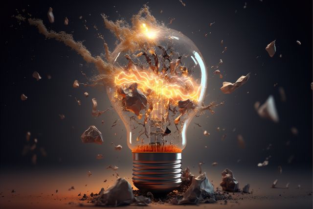 Shattered light bulb exploding with vibrant energy sparks. Ideal for representing creativity, innovative ideas, dramatic scenes, or concepts involving energy and transformation in marketing materials and presentations.