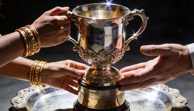 Presenting ornate silver trophy on decorative tray with gold-bangled hands and formal cuff