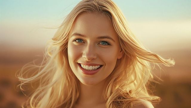 Smiling Blonde Woman in Sunset Lit Countryside Harmony