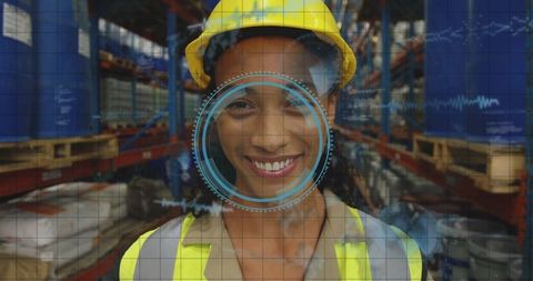 Warehouse Worker Wearing Technology Overlay for Safety and Efficiency