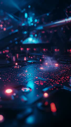 Pulling Back Over Cyberpunk Machine Bay Revealing Glowing Circuit Panel and Steaming Nodes