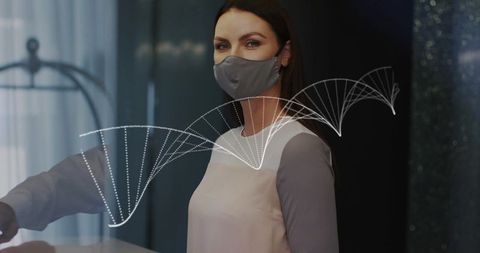 Masked receptionist standing in modern lobby with glass reflection and helix overlay