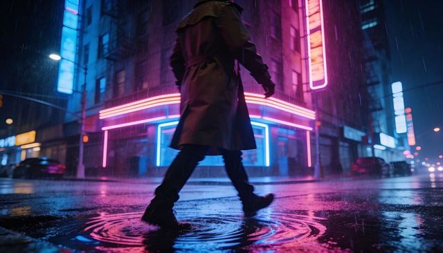 Walking man in trench coat crossing neon-lit rainy city corner at night splashing puddle