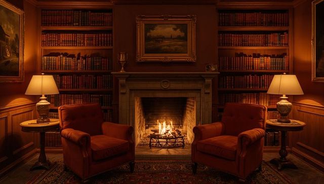 Cozy traditional library with crackling stone fireplace and leather armchairs