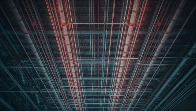 Red lit industrial pipes on warehouse ceiling