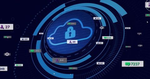 Displaying secure cloud padlock with concentric HUD rings and live notification bubbles