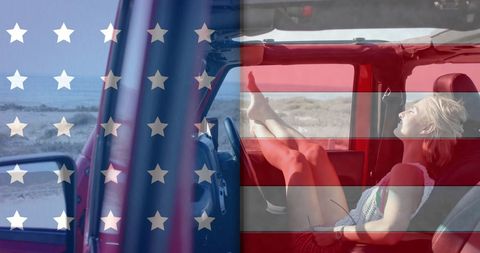 Relaxed Woman Enjoying Beach Inside Car With American Flag Overlay