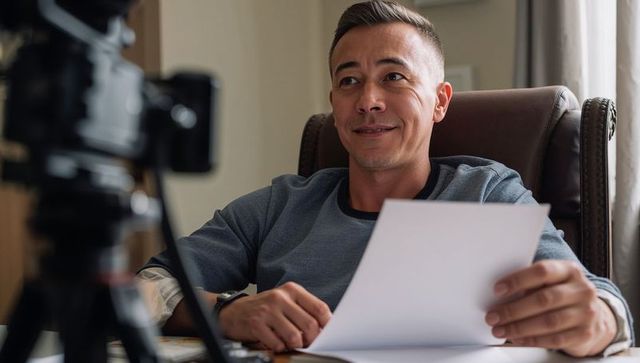 Smiling Male Creator Reading Script While Streaming from Home Office, Presenter Recording