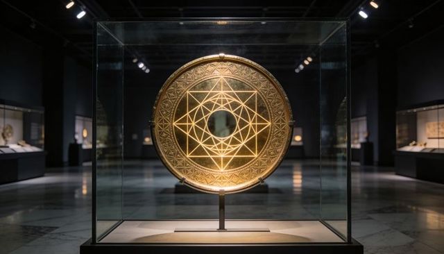 Gleaming Ornate Gold Disk Featuring Sacred Geometry Star Pattern in Museum Display Case