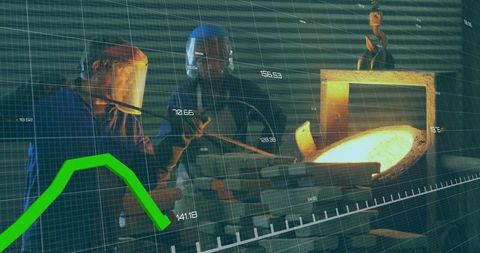 Foundry Workers Pouring Molten Metal While Industrial Data Overlay Tracks Performance