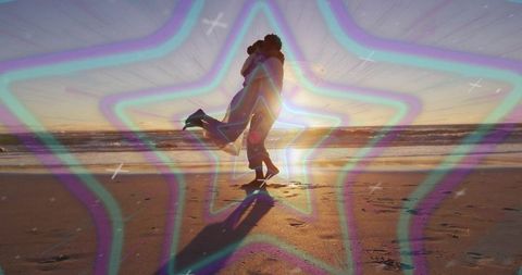 Romantic Beach Embrace with Neon Star Overlay at Sunset