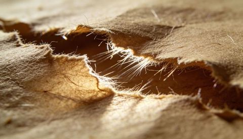 Torn kraft paper catching rim light revealing fibrous cellulose strands in macro close-up