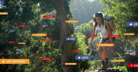 Hiker in forest with backpack and social media notifications