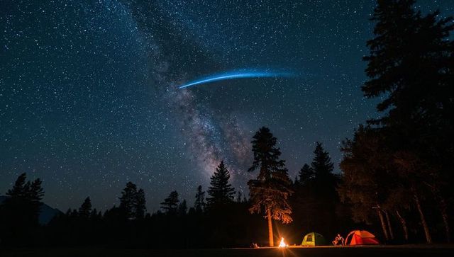 Campers Warming by Campfire Under Milky Way with Meteor Streak and Tents