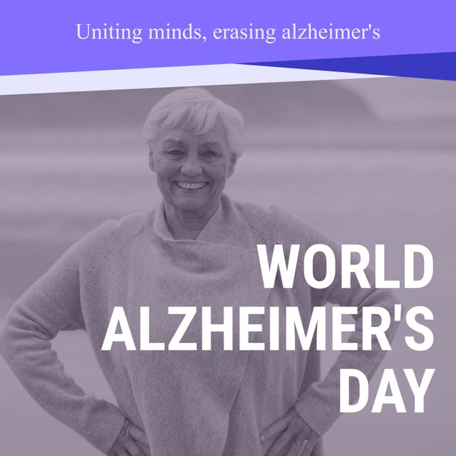 Smiling Senior Caucasian Woman by Seaside on World Alzheimer's Day Poster - Download Free Stock Templates Pikwizard.com