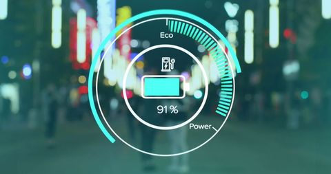 Electric Car Dashboard Display Over Urban Street